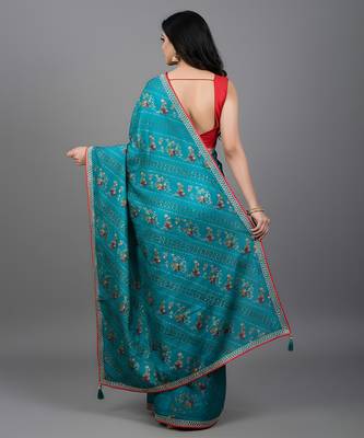 Blue embroidered satin saree 3