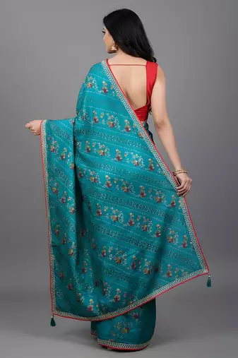 Blue embroidered satin saree