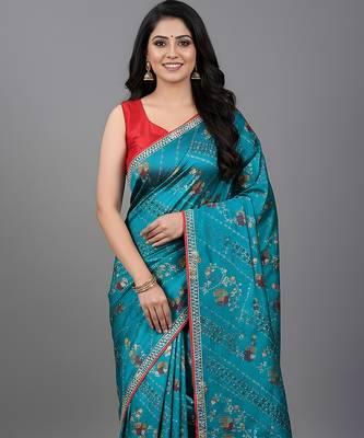 Blue embroidered satin saree 4