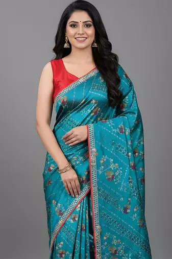 Blue embroidered satin saree