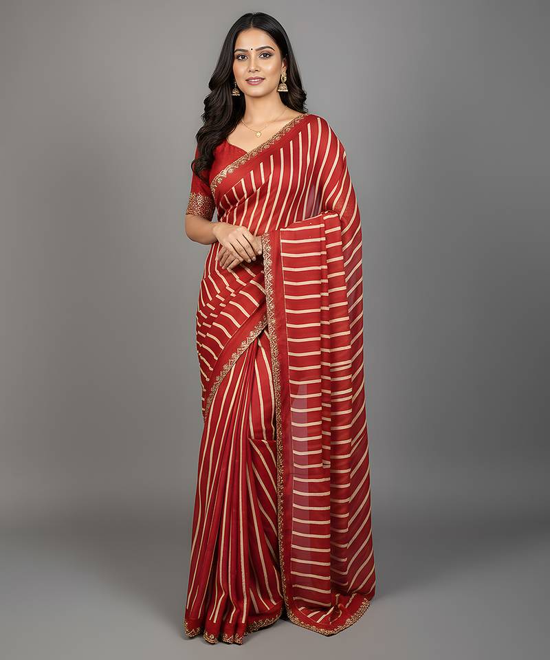 Red embroidered silk saree