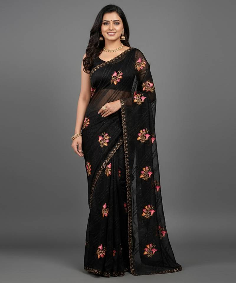 Black embroidered georgette saree