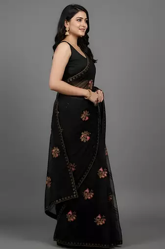 Black embroidered georgette saree