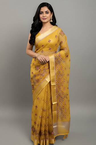 Yellow embroidered organza saree