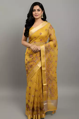 Yellow embroidered organza saree