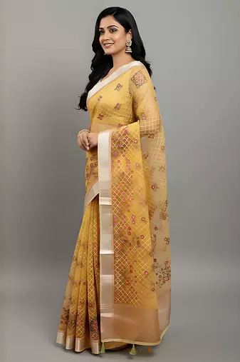 Yellow embroidered organza saree