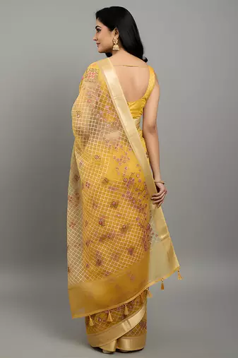Yellow embroidered organza saree