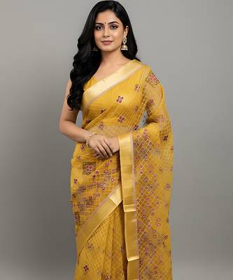 Yellow embroidered organza saree 4