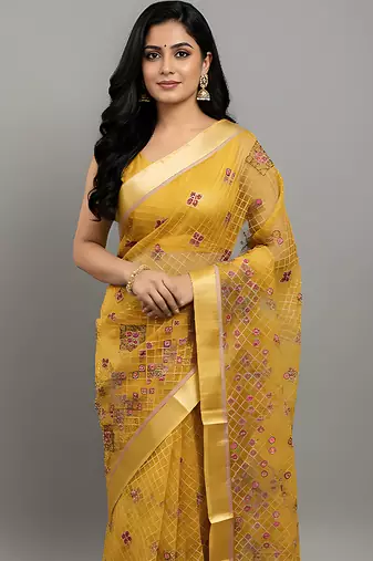 Yellow embroidered organza saree
