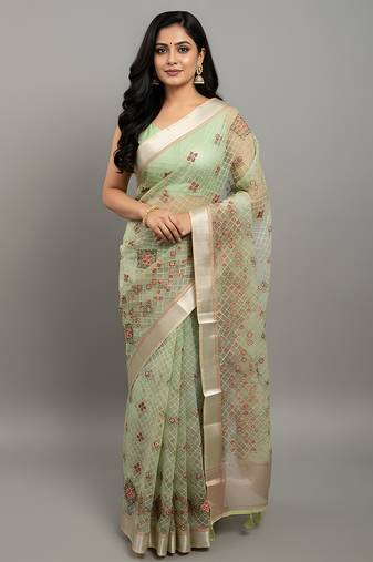 Green embroidered organza saree