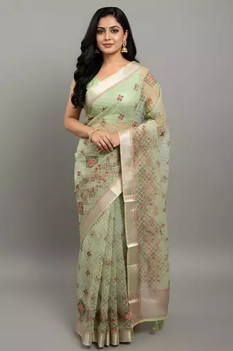 Green embroidered organza saree