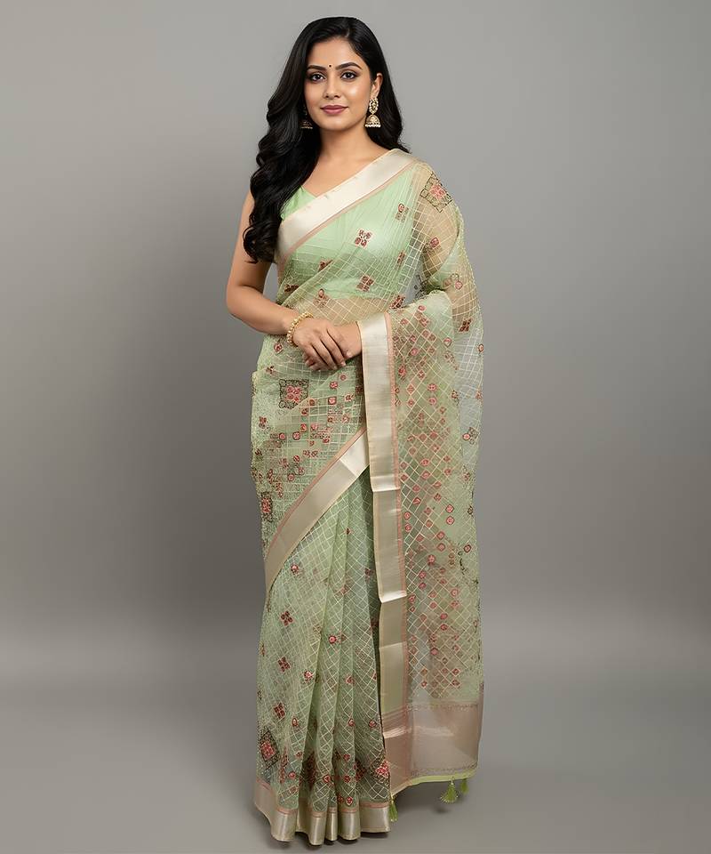 Green embroidered organza saree