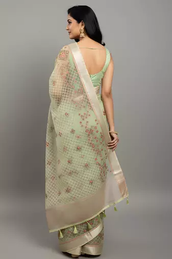 Green embroidered organza saree