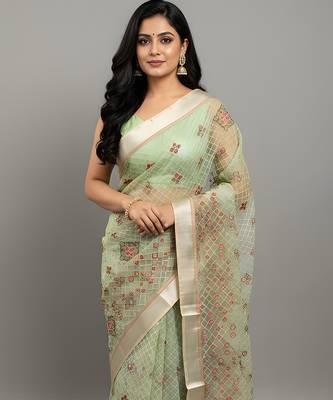 Green embroidered organza saree 4