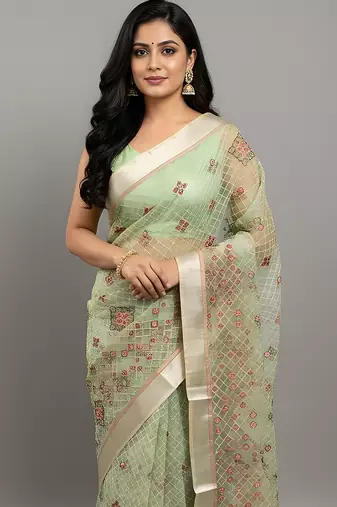 Green embroidered organza saree