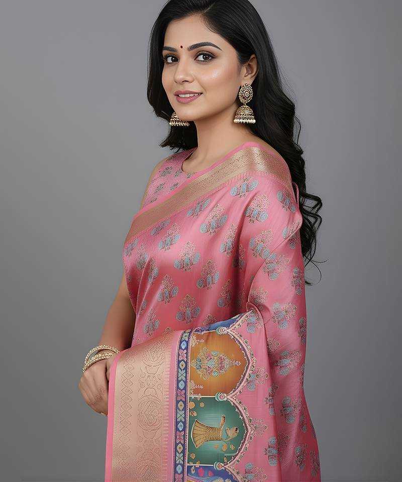 Pink embroidered matka silk saree