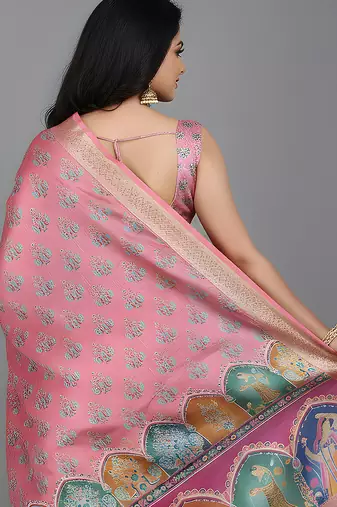 Pink embroidered matka silk saree
