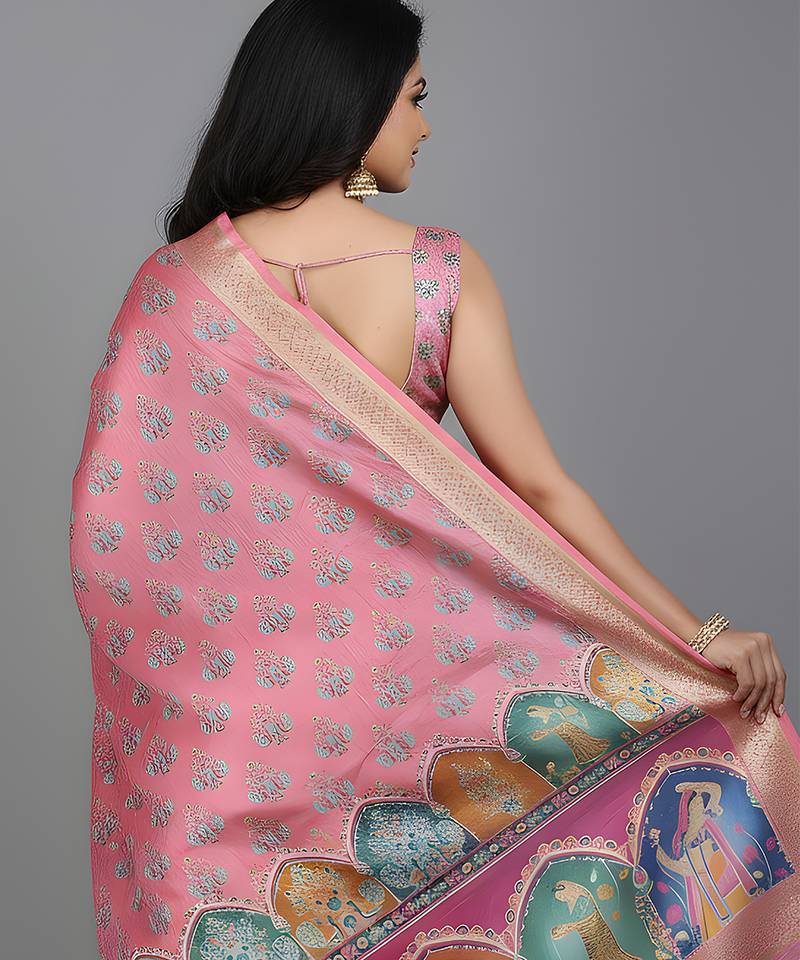 Pink embroidered matka silk saree