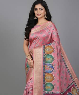 Pink embroidered matka silk saree 4