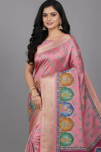 Pink embroidered matka silk saree