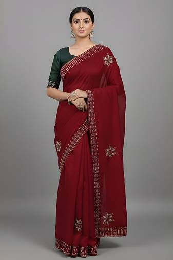 Red embroidered viscose saree