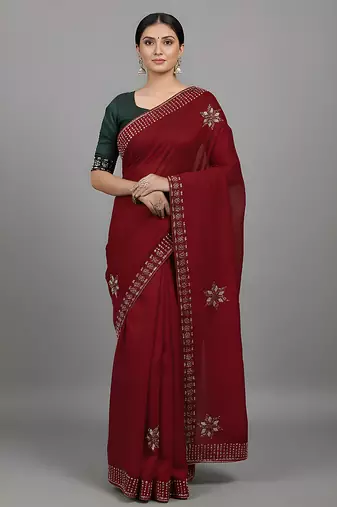 Red embroidered viscose saree