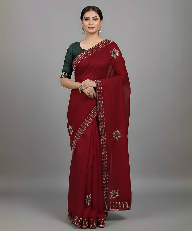 Red embroidered viscose saree