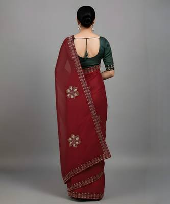 Red embroidered viscose saree 2