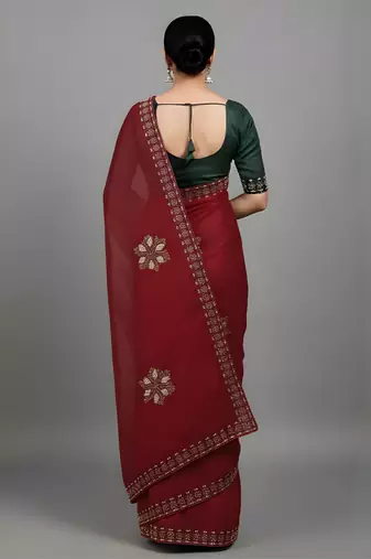 Red embroidered viscose saree