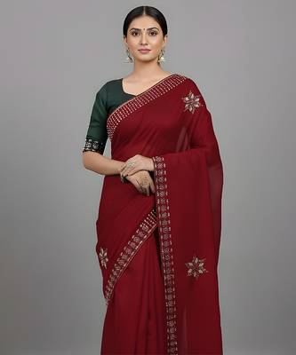 Red embroidered viscose saree 3