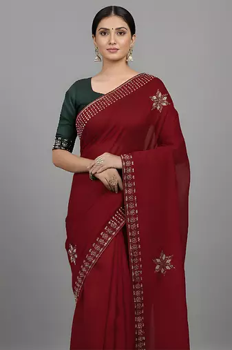 Red embroidered viscose saree