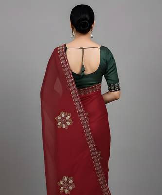 Red embroidered viscose saree 4
