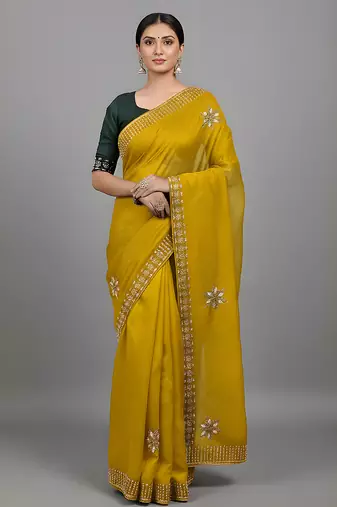 Yellow embroidered viscose saree