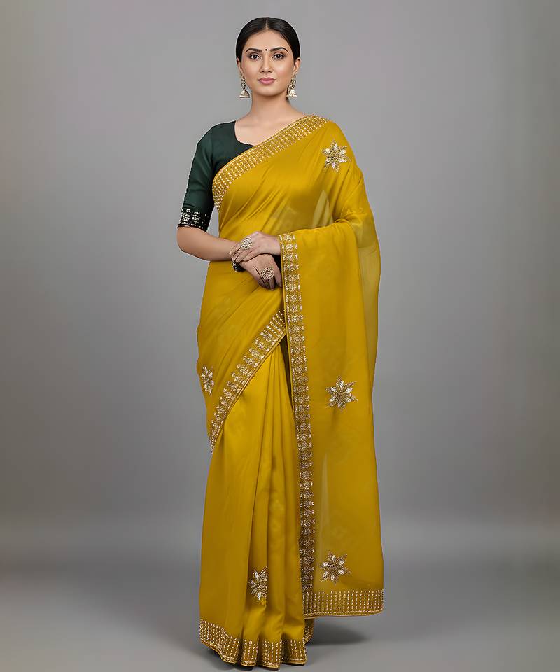 Yellow embroidered viscose saree