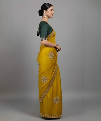 Yellow embroidered viscose saree 2