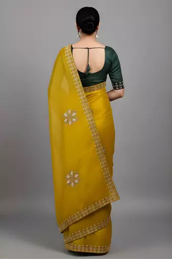 Yellow embroidered viscose saree
