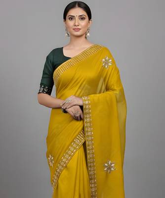 Yellow embroidered viscose saree 4