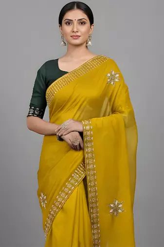 Yellow embroidered viscose saree
