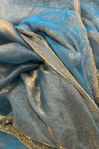 Sky blue color fendy chiffon saree with running blouse