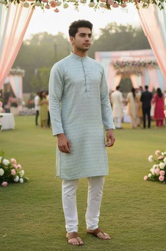 Men’s heavy silk mint kurta with all-over work & cotton pyjama