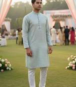 Men's heavy silk mint kurta with all-over work & cotton pyjama