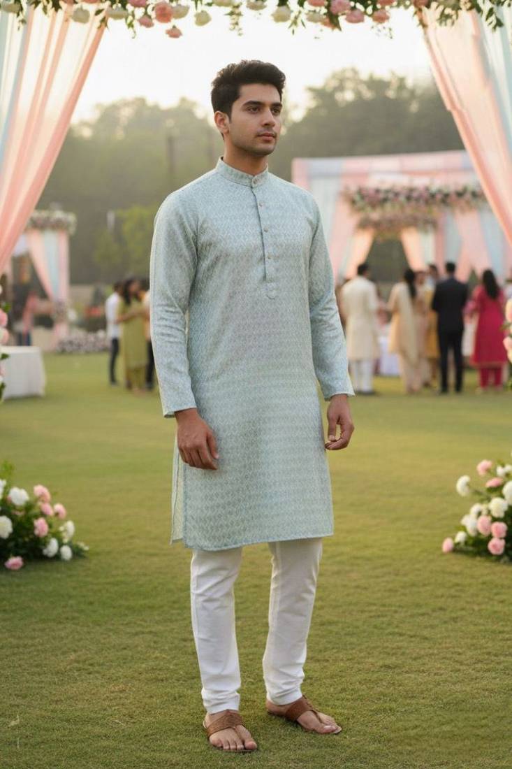Men’s heavy silk mint kurta with all-over work & cotton pyjama