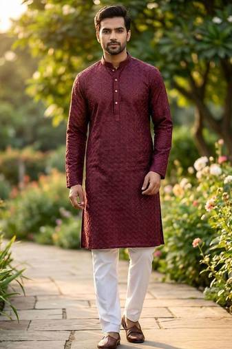 Men   s heavy silk maroon kurta with all-over work & cotton pyjama