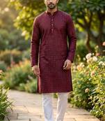 Men   s heavy silk maroon kurta with all-over work & cotton pyjama