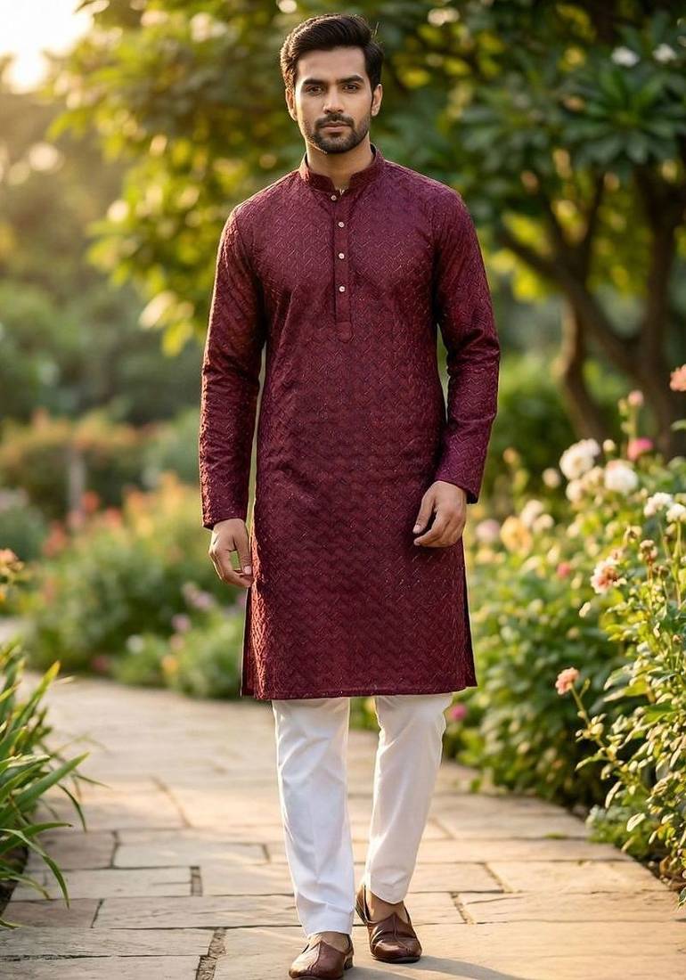 Men   s heavy silk maroon kurta with all-over work & cotton pyjama