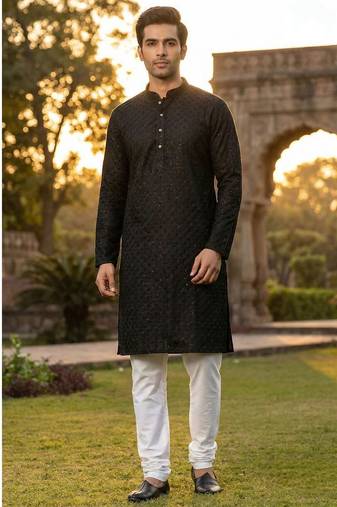 Men   s heavy silk black kurta with all-over work & cotton pyjama