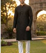 Men   s heavy silk black kurta with all-over work & cotton pyjama