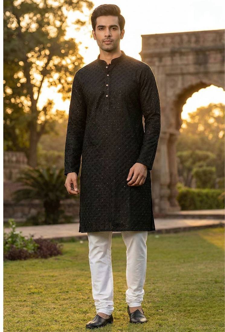 Men   s heavy silk black kurta with all-over work & cotton pyjama