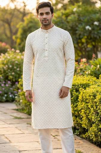 Men   s heavy silk white kurta with all-over work & cotton pyjama
