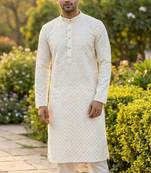 Men   s heavy silk white kurta with all-over work & cotton pyjama